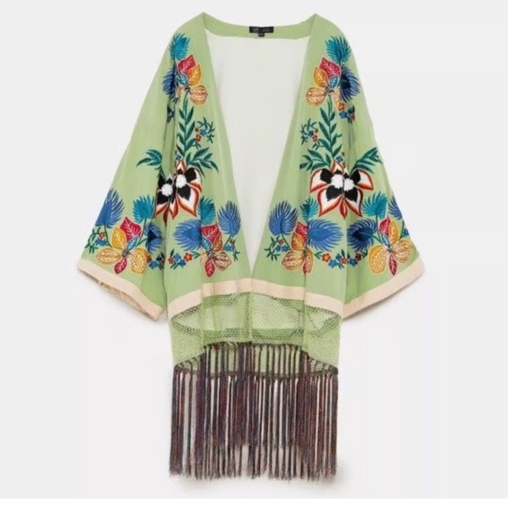 Zara Trafaluc Embroidered Kimono with Fringe